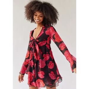URBAN OUTFITTERS Kiki Tie-Front Mini Dress Red NWT Long Sleeve Women's M